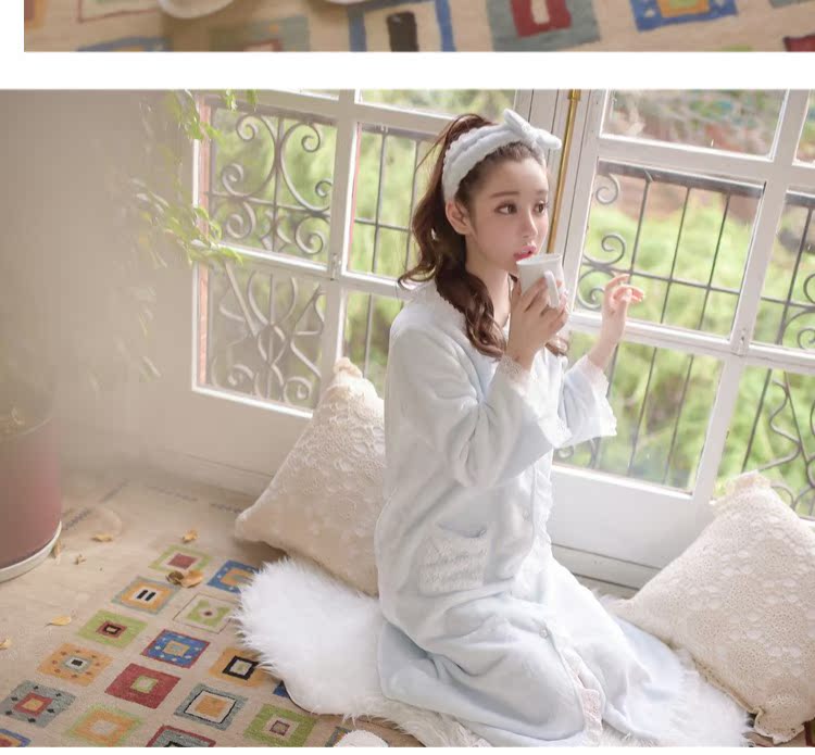 Phiên bản Hàn Quốc của đồ ngủ nữ mùa đông ngọt ngào flannel cúc áo cardigan áo ngủ công chúa váy ngủ dày ấm áp để gửi băng đô tóc váy mặc ở nhà