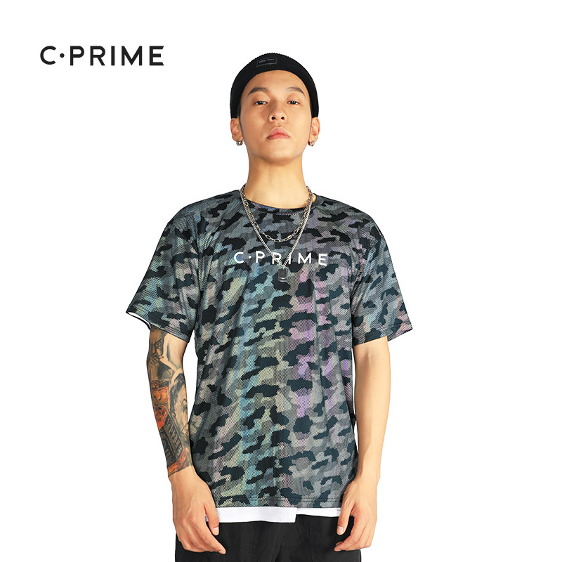 CPRIME refraction T-shirt hip-hop loose large size 2019 new trendy brand hip-hop camouflage sports short-sleeved men