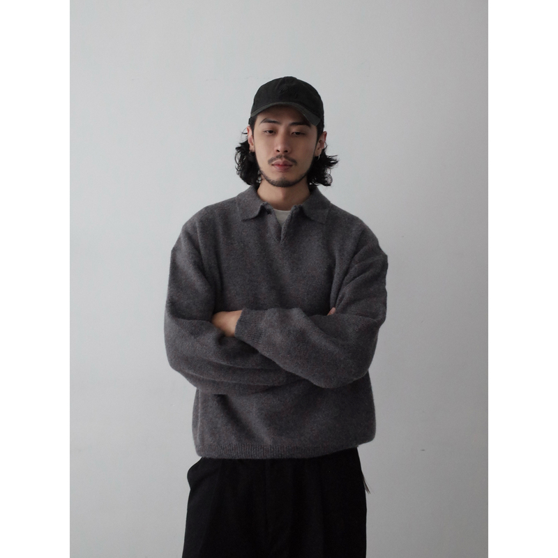 Inknots American Retro Gray Old Money Casual Knitwear Unisex Cleanfit Short Wide Polo Collar Sweater