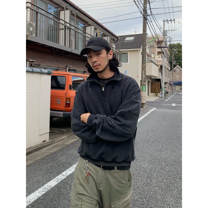 Inknots American Retro Washed Distressed Clean Fit Short Wide Half-Zip Stand Collar Sweatshirt Men's Trendy Brand Jacket Inknots American Retro Washed Distressed Clean Fit Short Wide Half-Zip Stand Collar Sweatshirt Men's Trendy Brand Jacket