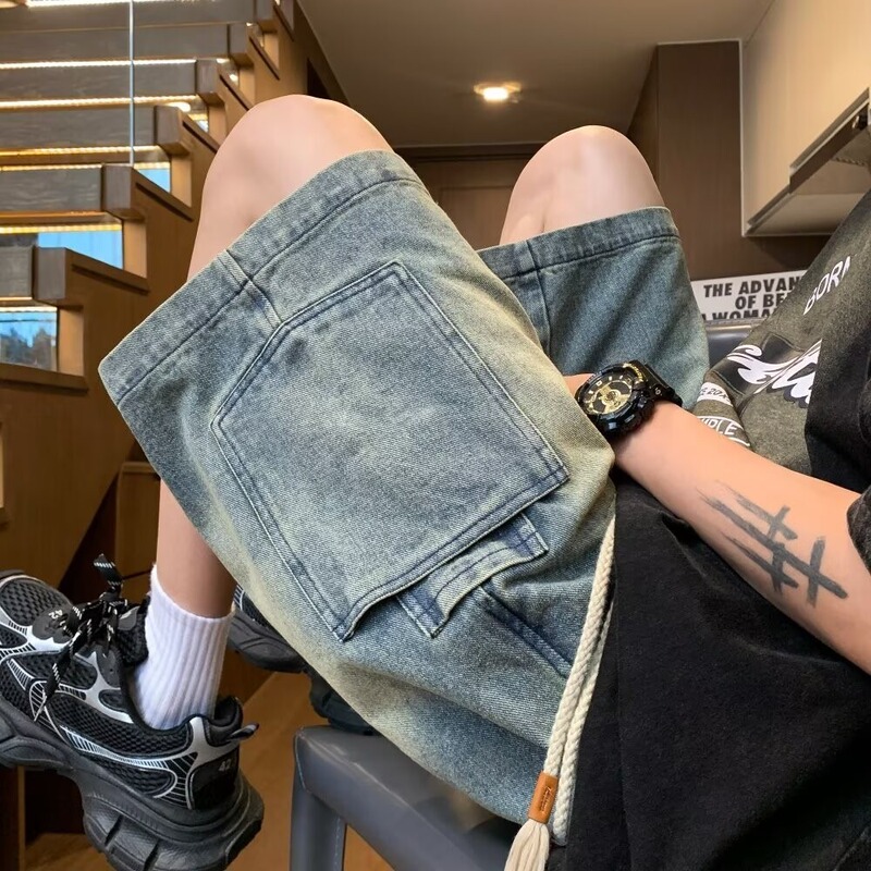 Cargo Denim Shorts Men's Summer Thin American High Street Washed and Distressed Handsome Loose and Versatile Wide-Leg Five-Quarter Pants