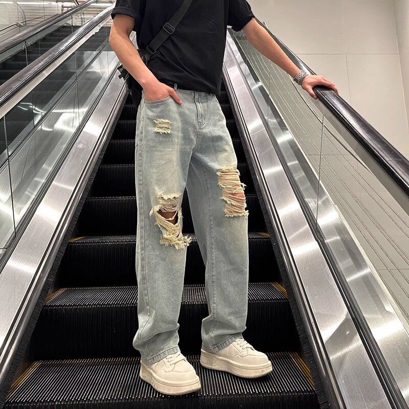 American Style Trendy Ripped Jeans for Men, New Summer Washed Loose Straight Casual Trendy Brand Distressed Pants Long Trousers
