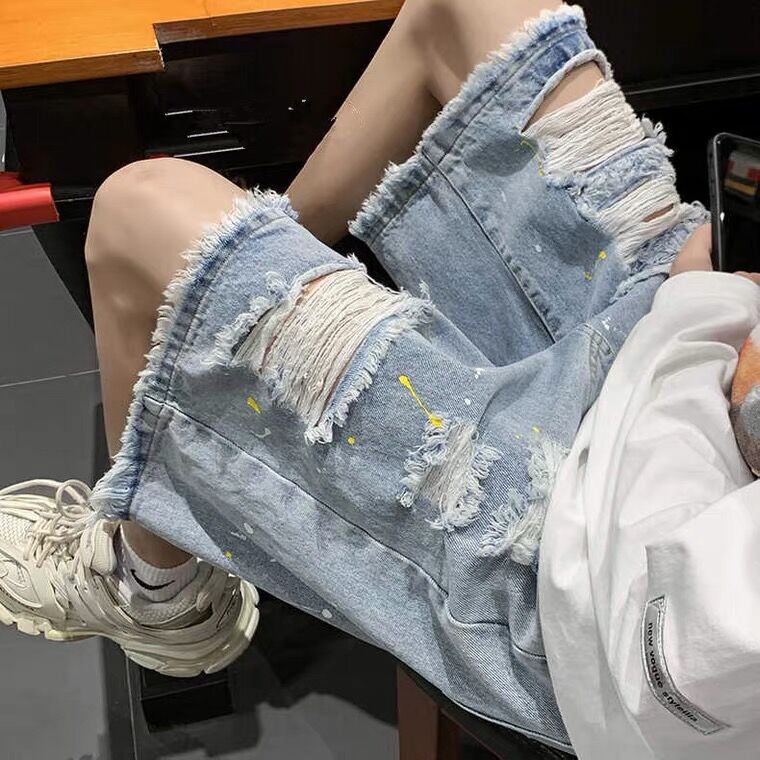 Men's Ripped Denim Shorts, Summer Thin Style, Washed, Loose Fit, American Trendy Brand, Street Style, Distressed Design, Five-Point Mid-Length Shorts