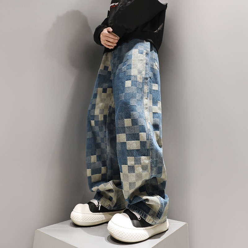 Men's Jeans Spring New Style American Patchwork Checkerboard Wide-Leg Pants Trendy Loose Versatile Casual Cargo Pants Men's Jeans Spring New Style American Patchwork Checkerboard Wide-Leg Pants Trendy Loose Versatile Casual Cargo Pants