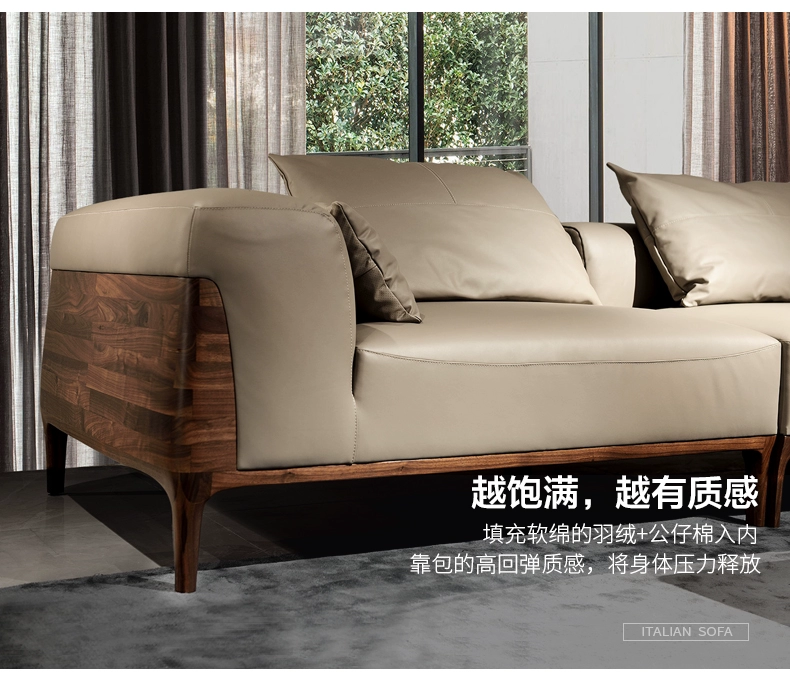 Sofa gỗ óc chó Bắc Âu màu đen gỗ rắn da ánh sáng sang trọng phòng khách sofa thiết kế xuống ba người - Ghế sô pha