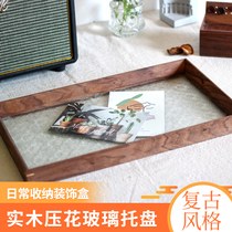 Japanese vintage solid wood tray Black walnut white wax embossed glass tea tray storage Nordic style shooting props