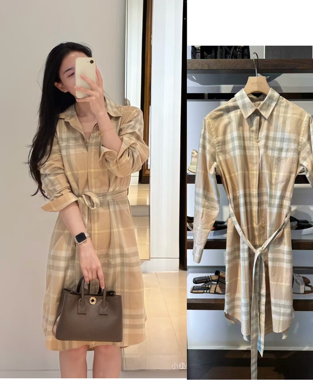 Burberry Burberry Genuine German Product Women's Milk Tea Color Long-Sleeved Plaid Dress