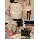 CreamySweet Vanilla Mille Layer Оригинальный сладкий топ без рукавов в горошек, женский комплект с юбкой с бантом и тортом