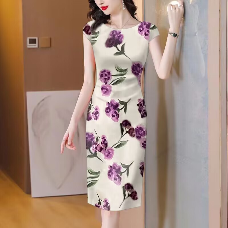 Mid-Length Modified Cheongsam Dress for Women, New Summer Style, Stylish Printed Base Layer, Waist-Cinching Long Dress