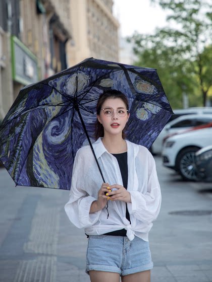梵高油画晴雨伞黑胶防晒防紫外线晴雨两用太阳伞女户外三折遮阳伞