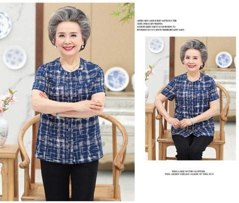 Mùa hè phụ nữ lụa tơ tằm phù hợp với người vợ già 60 đến 70 tuổi Mẹ quần áo ngắn tay 80 bà - Quần áo của mẹ áo phao trung niên