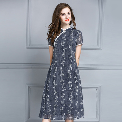 Mực Qinghua 2017 mùa hè mới tính khí đi lại cải thiện sườn xám retro cổ áo thanh lịch Slim in dress váy dạ hội đẹp Sản phẩm HOT