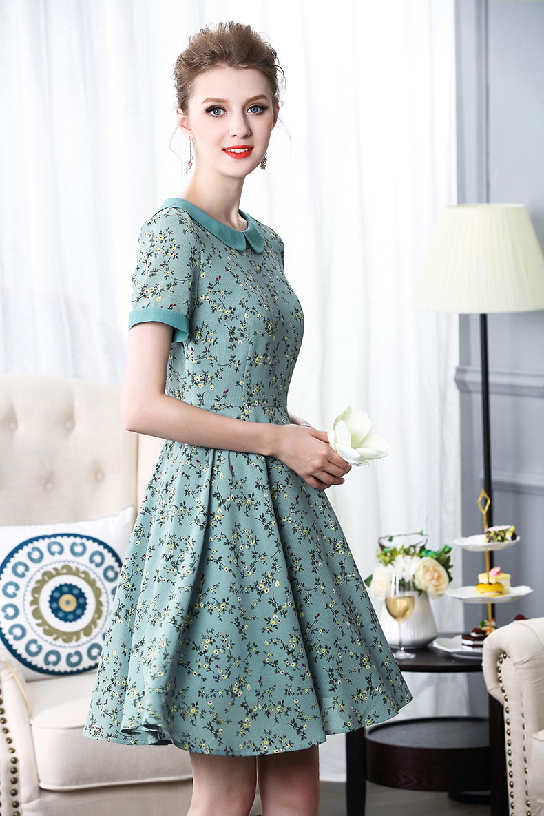 Mực Qinghua 2017 mùa hè mới tính khí thời trang thanh lịch Slim mỏng tay áo voan in dress