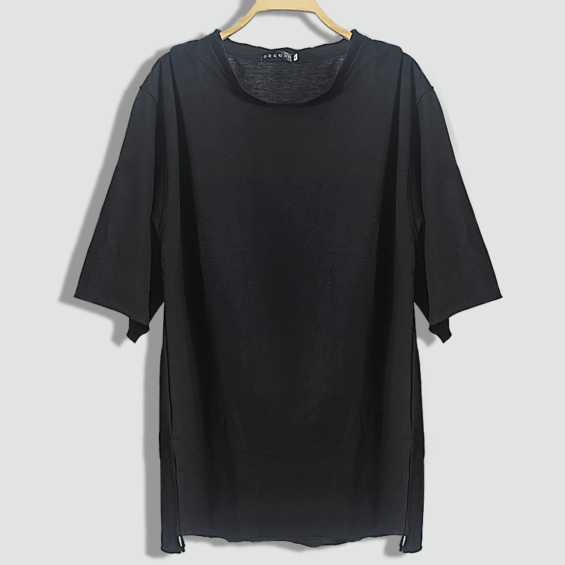 T Blood Male Short Sleeve Pure Black Round Collar Minimalist T-shirt Male Loose large size Size Ruffled and Airy Side Design Sensation Summer Thin