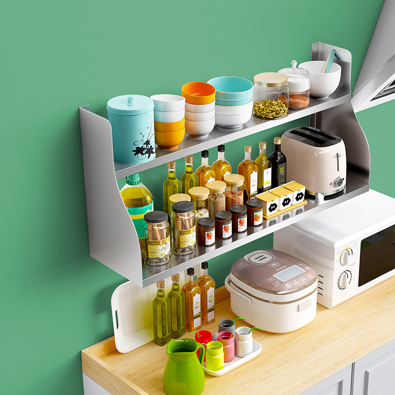 Two layers Stainless Steel Kitchen Shelve 2 Microwave Wall-mounted Layer Racks 2 Bowls of Saucer Seasoning 1 Depository