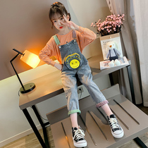 Girls denim bib suit 2021 spring and autumn new net red Zhongda childrens clothing girls western style suspender long pants