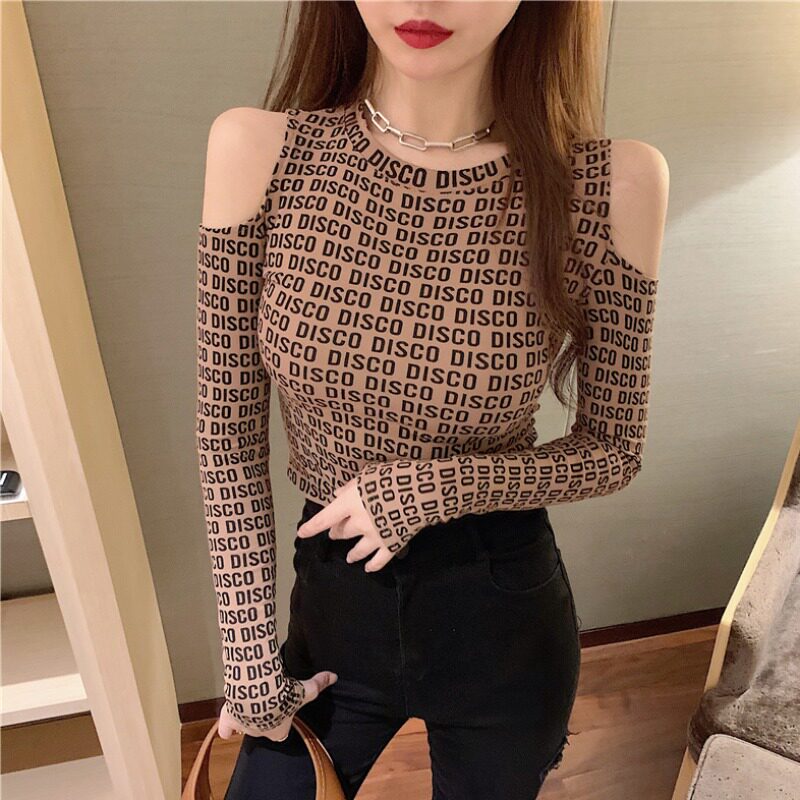 Sanskrit 2022 spring autumn new printed letter sexy open-shoulder T-shirt female inside lap long sleeve sweaters undershirt blouses