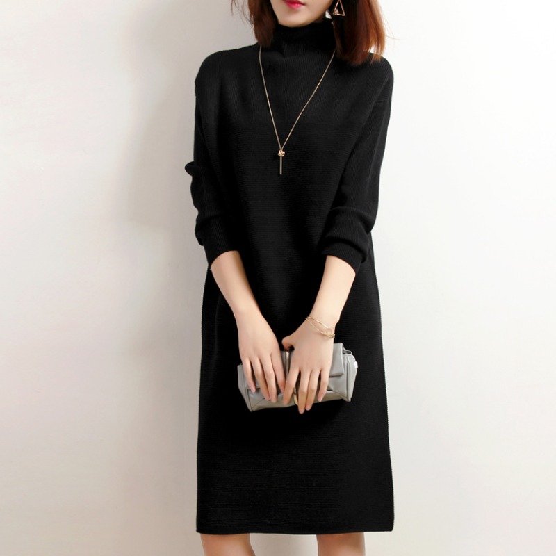 Sanskrit 2022 spring new semi-high collar knit inside lap dress with long version loose long sleeve wool A word dress