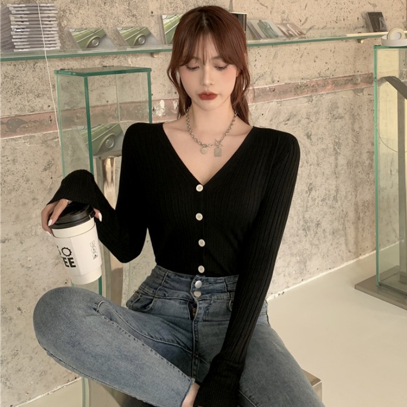 Sanskrit V collar bottom-shirt female spring sexy inner lap long sleeve cardiovert sweaters 100 hitch knitted blouse