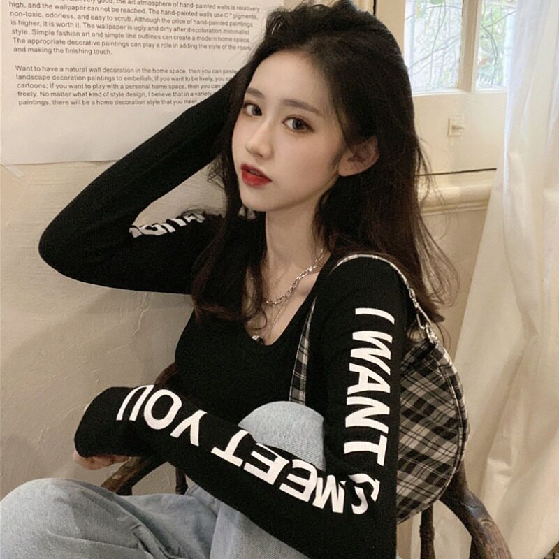 Fanxi 2023 autumn and winter new slimming thin contrast color T-shirt women's round neck letter printing long-sleeved bottoming shirt top