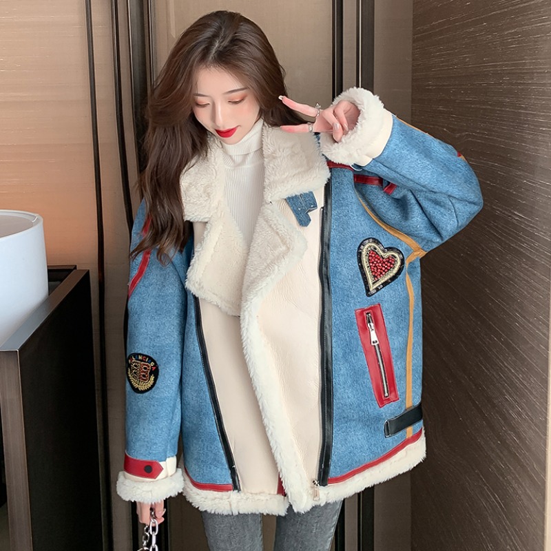 Fanxi Motorcycle Lamb Wool Coat Women's Winter Korean Version Loose Stitching Short Section Small Western Style Plus Velvet Thick Cotton Coat