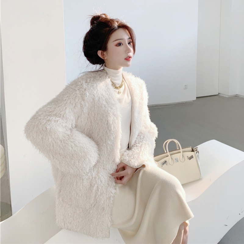 Women's White Lamb Wool Coat Women's Winter Fur Coat Mid-length Korean Style Loose Thick Sheep Shearing Fur Coat Women