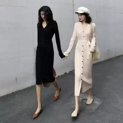 Fenchy spring new waist with coat long version sweater skirt over the knee with base knitted dress women