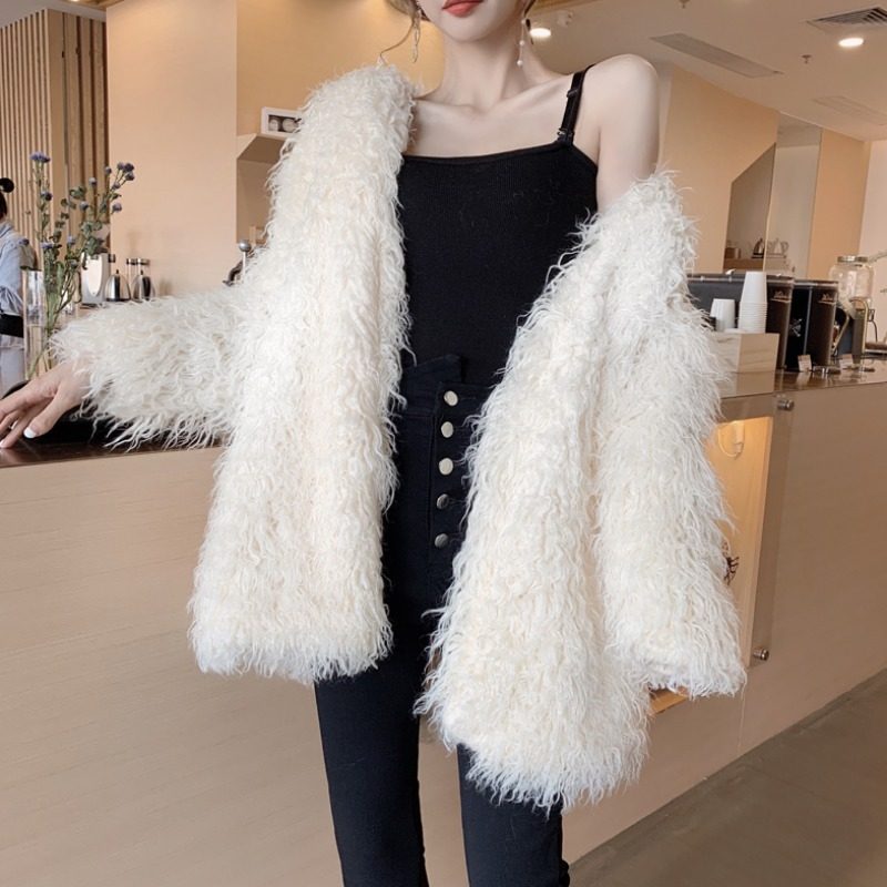 Black lamb coat women 2021 Winter new Korean loose long wool roll woven fur coat
