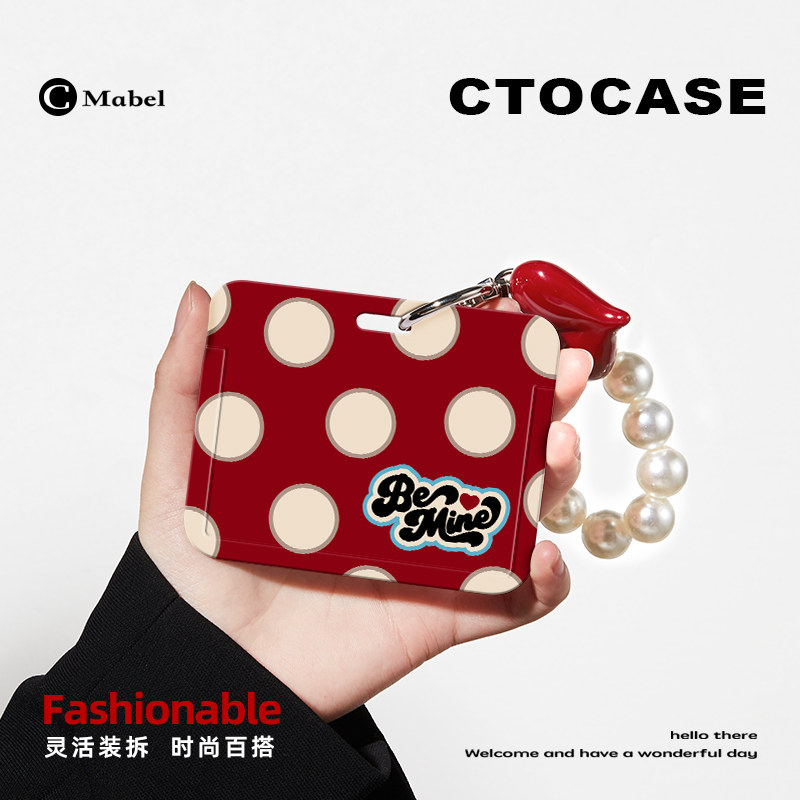 Original 【Large Polka Dot Red】ID Card Protector, Student ID Card, Wrist Pendant, Anti-Loss Cartoon Meal Card