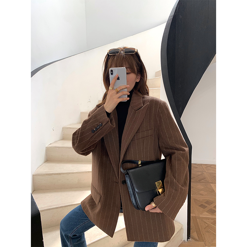 JessXu blogger mana boundless jacket women's gray-brown tone wool vertical stripes autumn and winter suit jacket