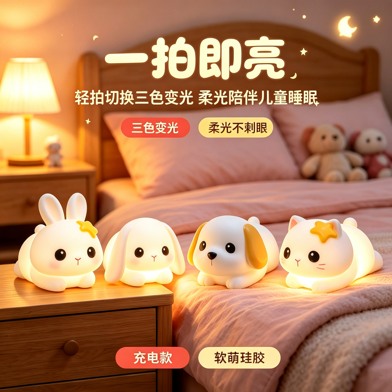 Cute Cartoon Animal Night Light for Bedroom Bedside, Sleep Companion, Pet-Like Patting Light, Gift Toy