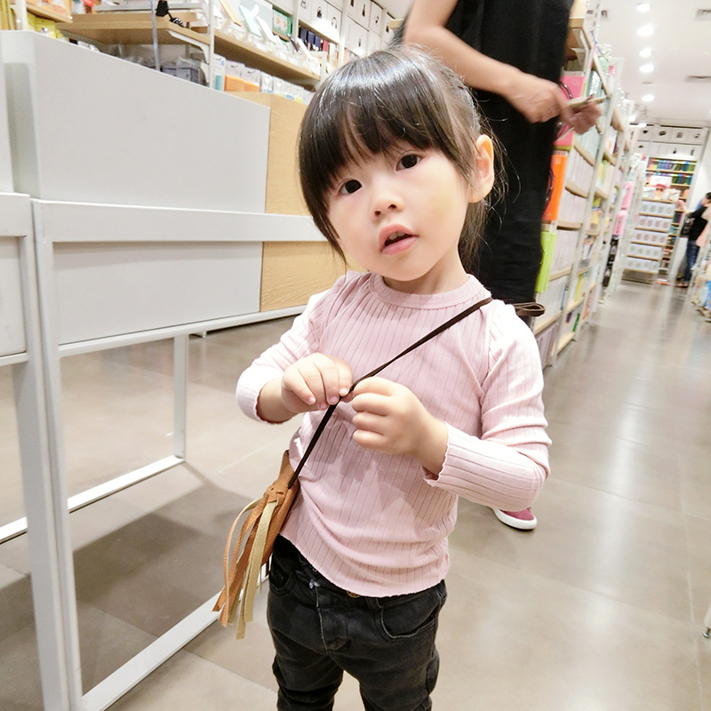 Girls ' autumn 2021 new Korean version threaded long-sleeved round-neck inner jacket children's solid color long T-shirt 4457