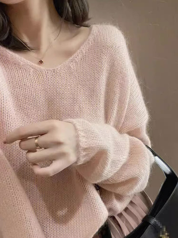 Korean Style Loose and Lazy High-End Pink Mohair Knit Sweater for Women, New Spring Soft and Fluffy Sweater Korean Style Loose and Lazy High-End Pink Mohair Knit Sweater for Women, New Spring Soft and Fluffy Sweater