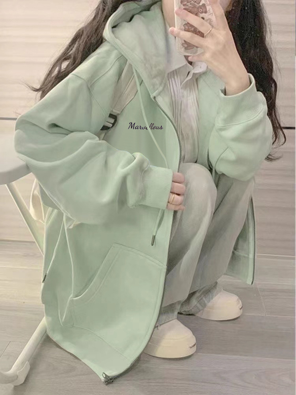 2025 New Style Women's Sweatshirt Autumn and Winter Fleece-Lined Loose Zipper Hooded Oversize Cardigan Top for Petite Sizes