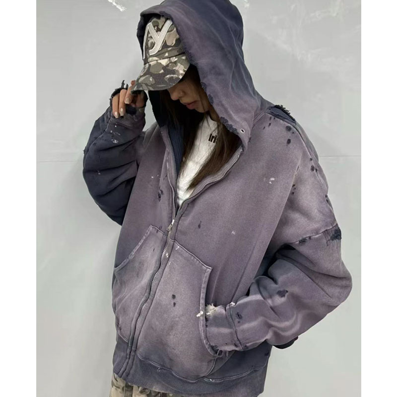 Saint Michael American-Style Distressed Zipper Hoodie for Men Trendy Saint Michael American-Style Distressed Zipper Hoodie for Men Trendy