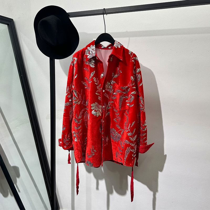 Stylish and Trendy Bright-Colored Printed Loose Long-Sleeve Shirt, Cool and Retro Fashion Velvet Sequin Performance Outfit Stylish and Trendy Bright-Colored Printed Loose Long-Sleeve Shirt, Cool and Retro Fashion Velvet Sequin Performance Outfit