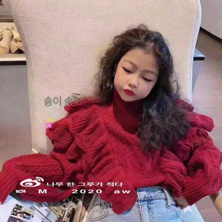 Korean girls' wooden ear sweater 2021 new autumn and winter high collar thickened middle and big children's foreign style loose knitted sweater trend