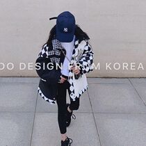 South Korean boy-packed girl with long cotton clothes 2021 autumn and winter new foreign air grid casual loose thickened jacket tide