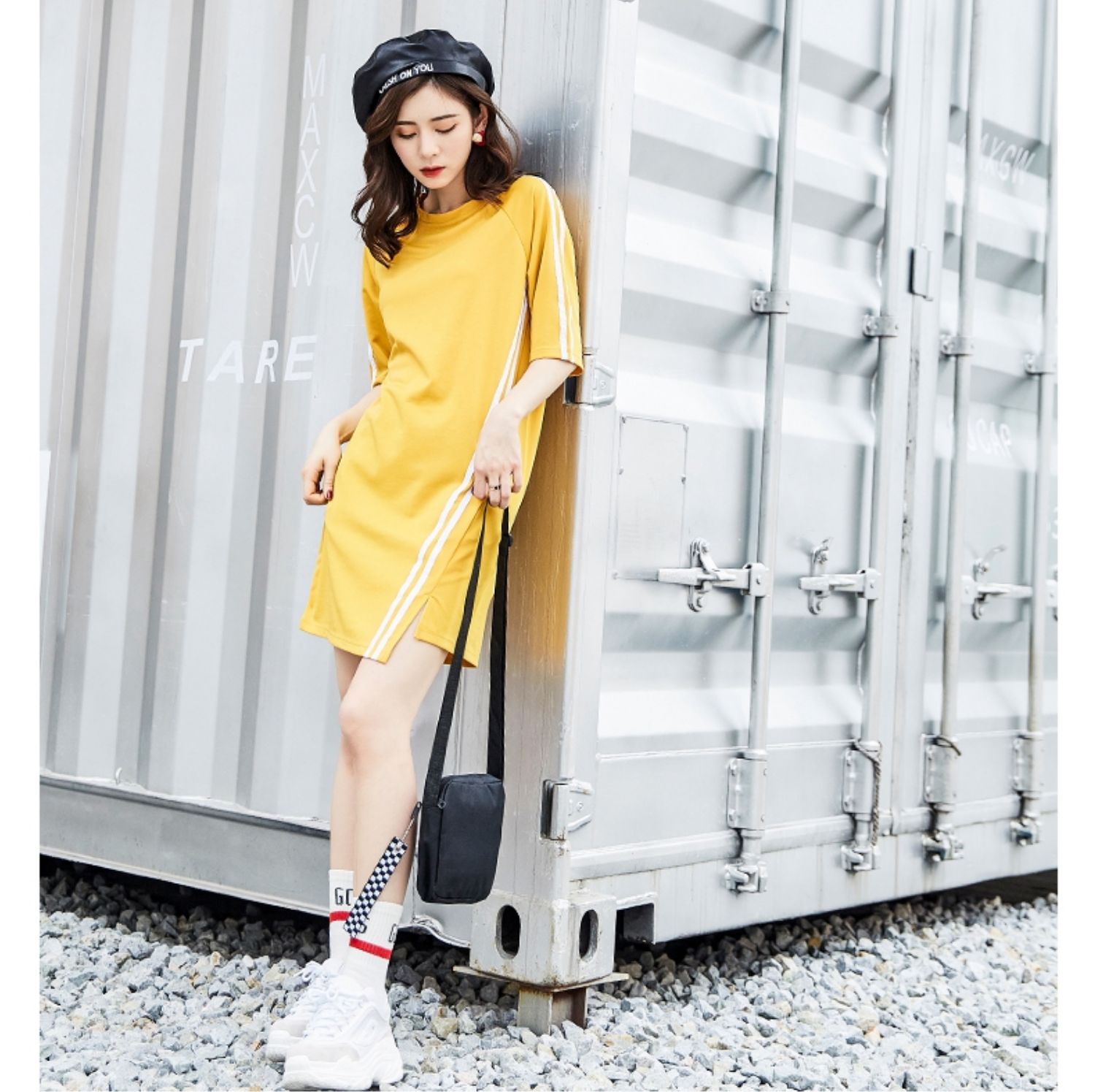 Mùa hè mới cổ tròn cotton lỏng sọc tương phản màu tay áo ngắn siêu lửa sinh viên ăn mặc nữ dài tay màu rắn - Sản phẩm HOT áo đầm đẹp tuổi 30