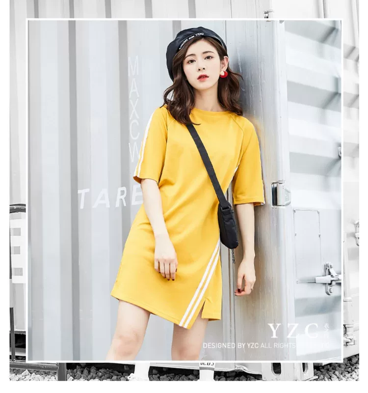 Mùa hè mới cổ tròn cotton lỏng sọc tương phản màu tay áo ngắn siêu lửa sinh viên ăn mặc nữ dài tay màu rắn - Sản phẩm HOT