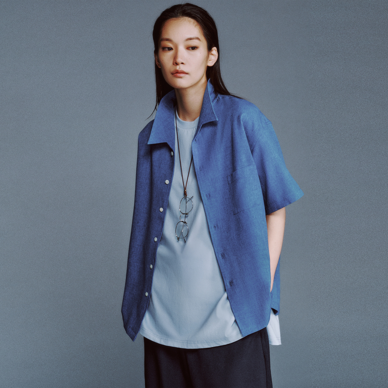 "Aero" Linen-Like Textured Seagull Collar Easy-Care Short-Sleeved Shirt Monody Silhouette