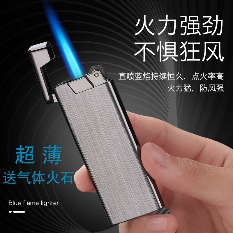 Ultra-thin straight-through inflatable blue flame lighter windproof grinding wheel ignition lettering custom birthday gift vibrato personality
