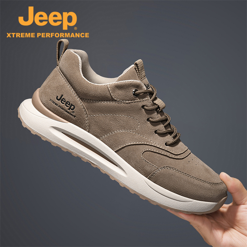 Jeep Men's Shoes, Sneakers, Spring and Autum Outdoor Non-Slip Travel Hiking Shoes, Men's Genuine Leather Breathable Middle-Aged Dad Shoes