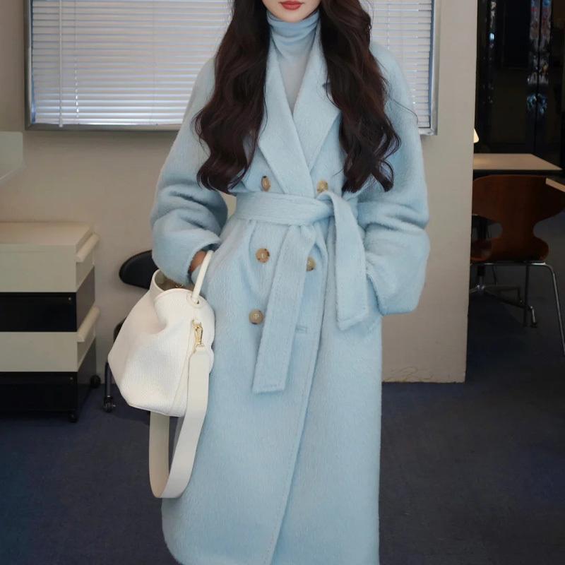 Light Blue Double-Sided Cashmere Coat for Women 101801 Classic Woolen Coat with a High-End Feel, Loose and Slimming, Double-Sided Fleece