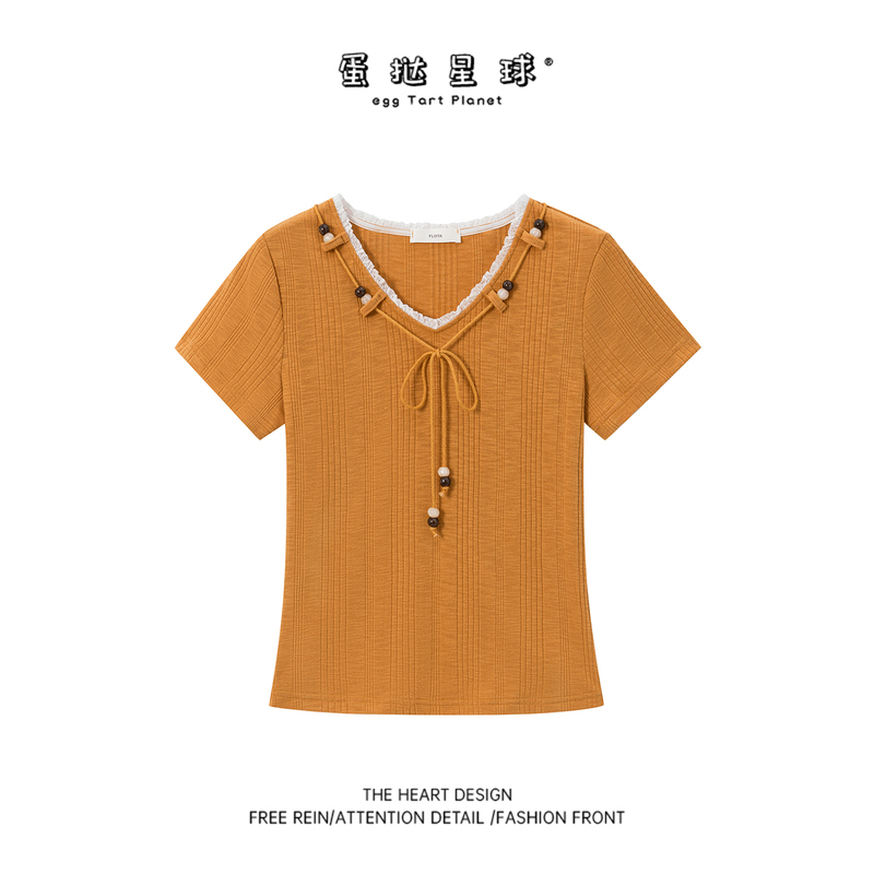 Orange Lace Spliced V-Neck Tie Short-Sleeve T-Shirt for Women, New Summer Korean Style, Gentle and Slim-Fitting Versatile Top