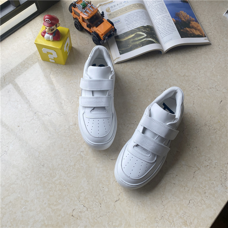 Chestnut-Colored Leather Shoe Cabinet-Style Sneakers with Thick Soles, Height-Increasing, Lightweight, Comfortable, Casual, Sporty, Non-Tiring, with Velcro Straps, Student White Shoes for Women