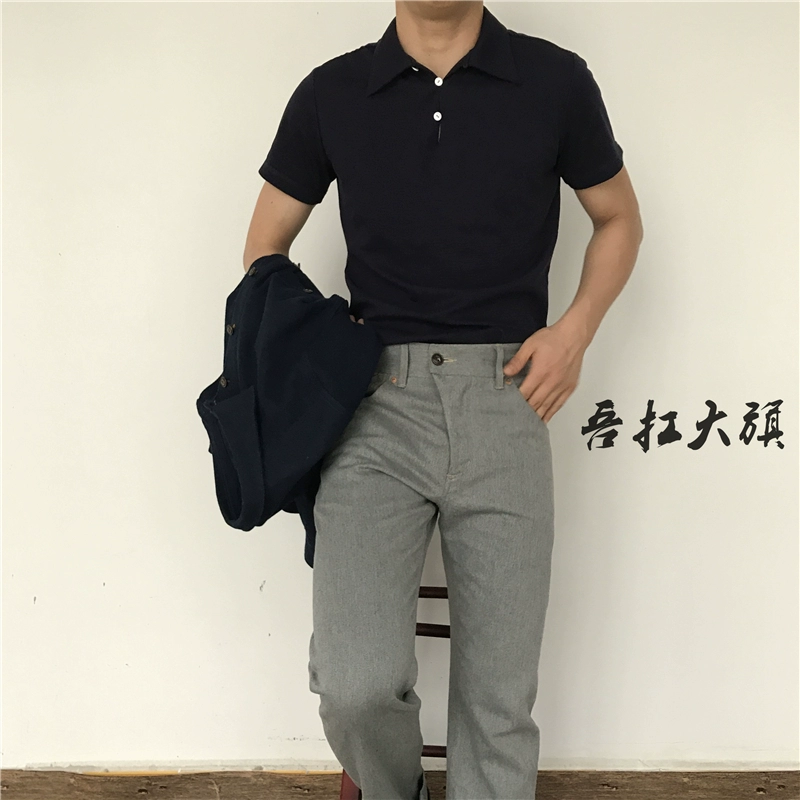 Ami 咔叽 Mỹ retro handmade tre bông cổ áo cổ áo POLO áo sơ mi nam ngắn tay không-Henry cổ áo T-Shirt nam mùa hè áo polo tay dài