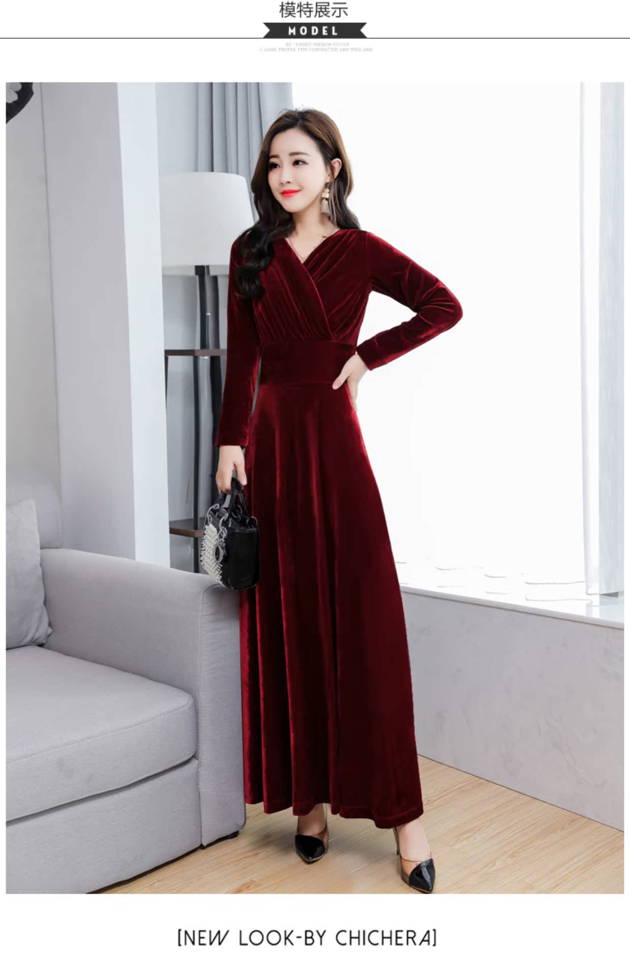Mùa thu đông 2018 mới đầm nhung nữ vàng cỡ lớn Đầm dài tay cổ chữ V nữ đầm dạ hội váy babydoll