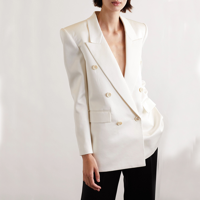 Ding Slp-2026 Spring and Autumn Yangshulin Silk Satin Suit for Women, Mid-Length White Blazer with Double Breasted Buttons, High-End Feel