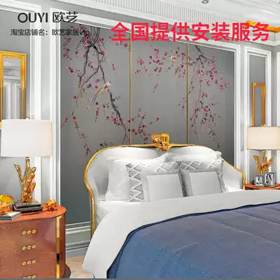 Embroidery hard bag background wall New Chinese style flowers and birds silk TV background wall Bedroom bed head soft bag background wall customization